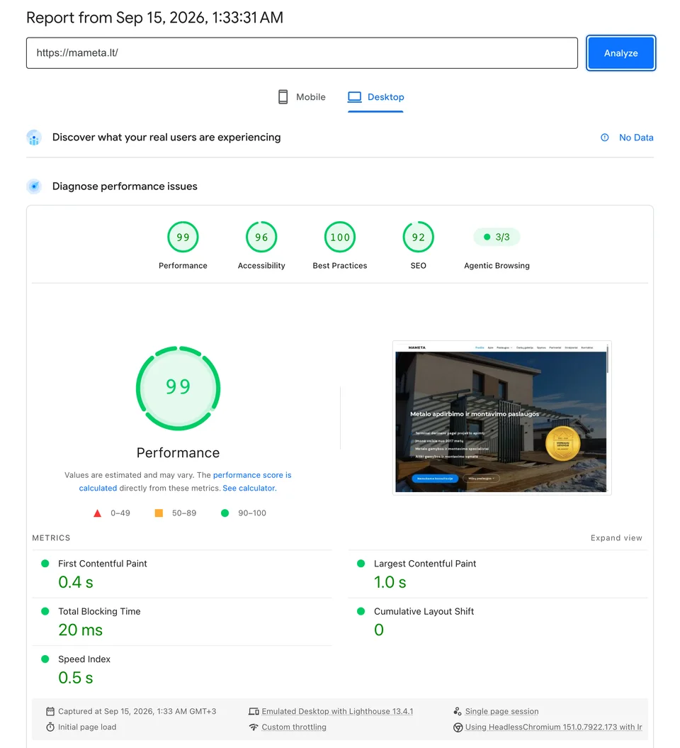 „Google PageSpeed Insights“ mameta.lt kompiuterio ataskaita