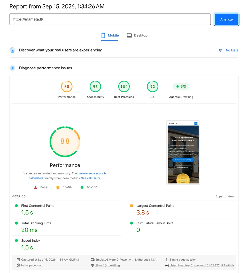 „Google PageSpeed Insights“ mameta.lt telefono ataskaita
